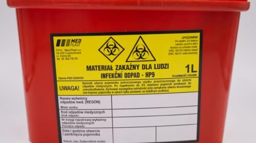 POJEMNIK PLASTIKOWY CZERWONY NA ODPADY MEDYCZNE 1L.