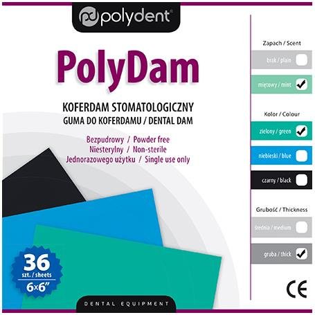 KOFERDAM STOMATOLOGICZNY POLYDAM  36szt. HEAVY, ZIELONY, MIĘTOWY