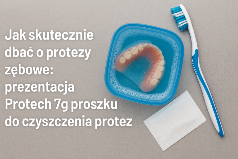 Jak skutecznie dbać o protezy zębowe: prezentacja Protech 7g proszku do czyszczenia protez 1 Protech 7g proszek do czyszczenia protez – proteza zębowa w pojemniku z wodą, saszetka i szczoteczka do higieny protez